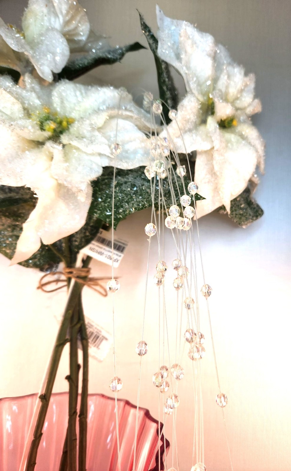 White Glitter Poinsettia Artificial Flowers With Crystal Bead Accents 4 Stems &