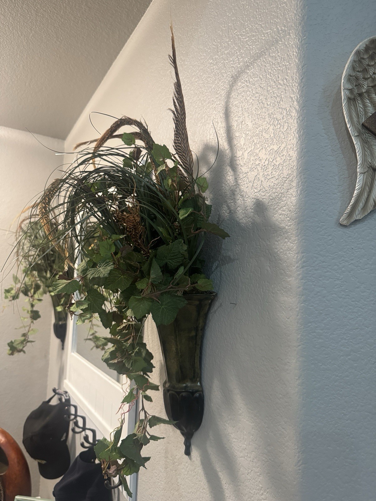 Beautiful 2 Mid-Cent. Metal Wall Scones W/Artificial Foliage 25×15 (Cone 11.5×7)