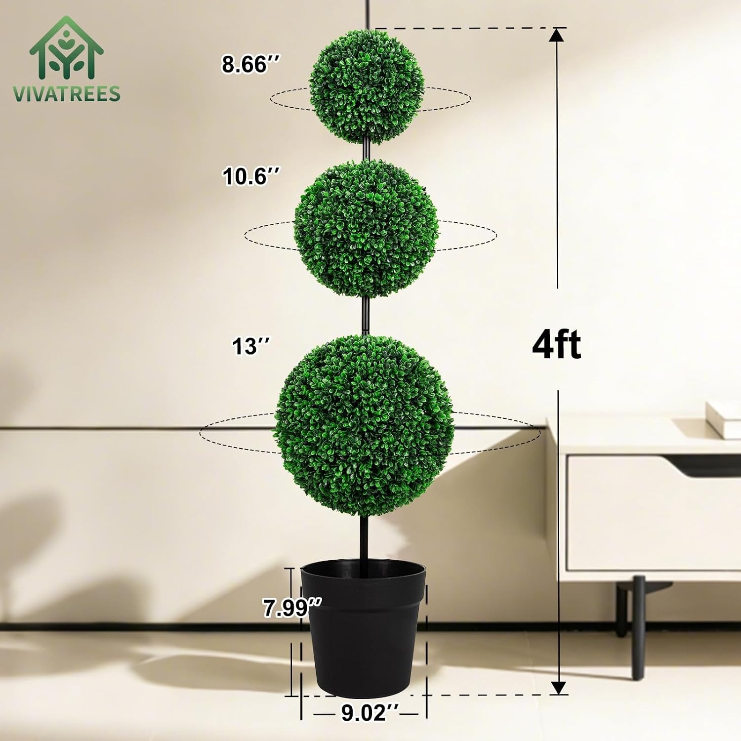4FT Artificial Triple Ball Topiary Trees with Black Planter Pot Outdoor Indoor