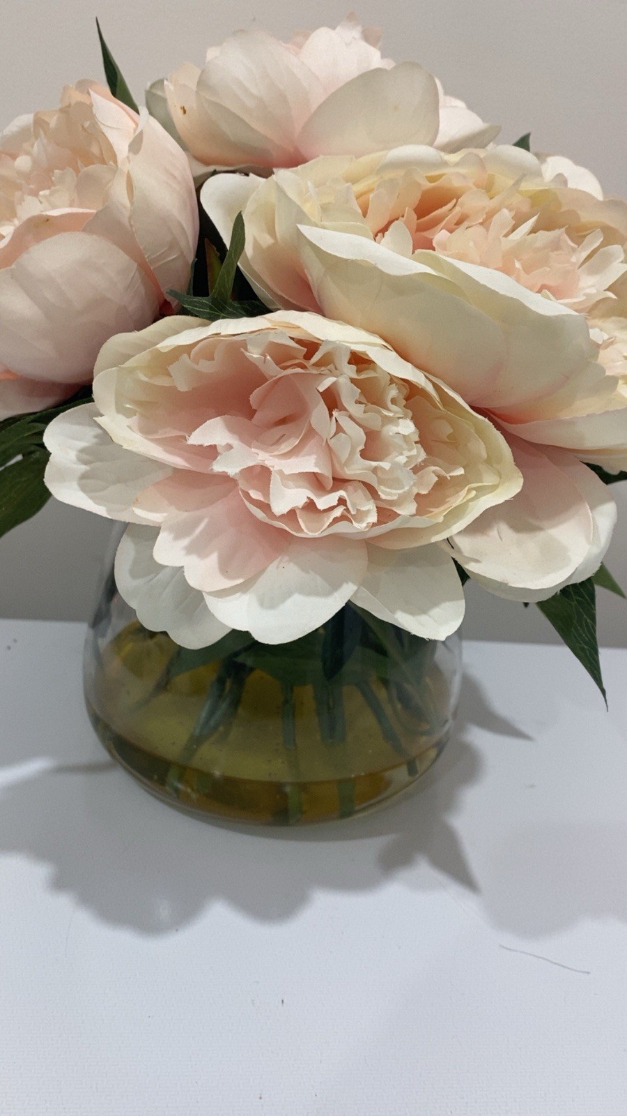 Artificial Peony Flower Arrangement Centrepiece in Glass Vase White Pink Green