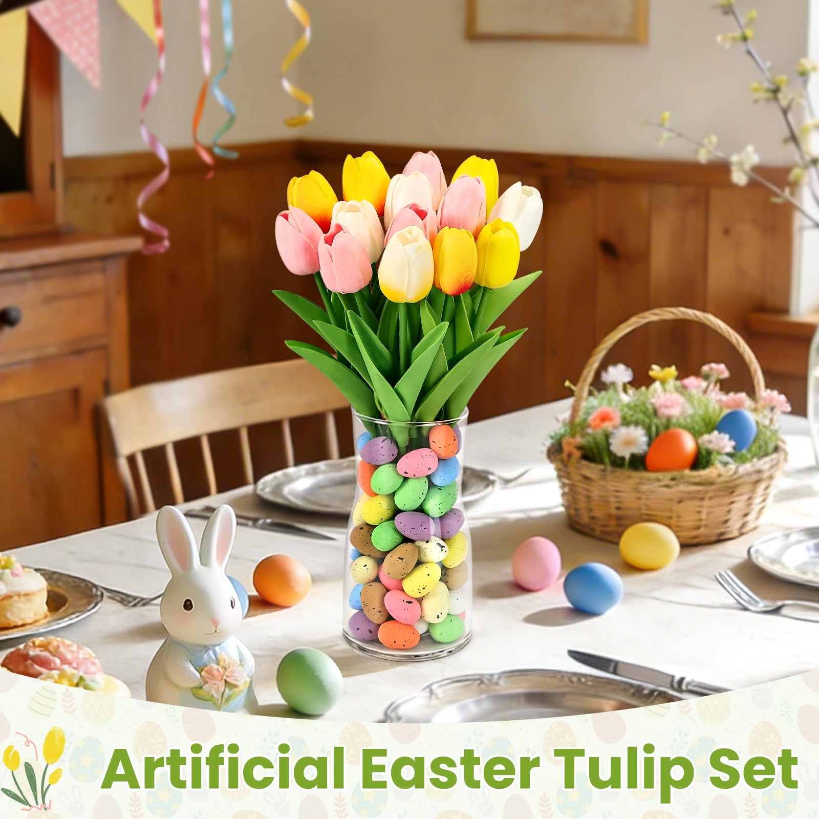 Spring Easter Decorations 12 Artificial Tulips with Easter Colorful Eggs and …