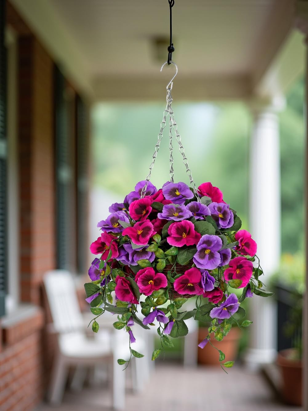 Artificial Hanging Basket Pansy Flowers Outdoor – 25.5” UV-Resistant Hot Pink…