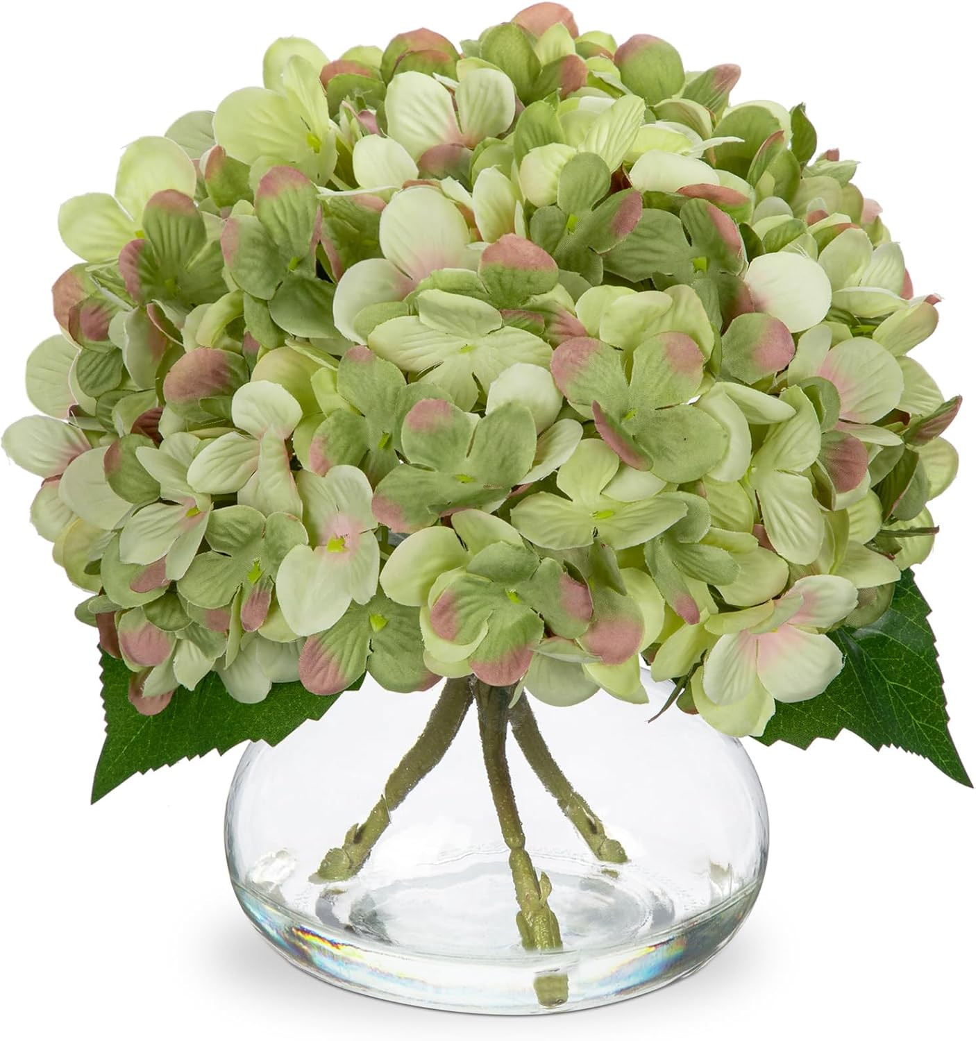 Hydrangea Artificial Flowers with Glass Vase Dark Green Silk Faux Flowers Arrang
