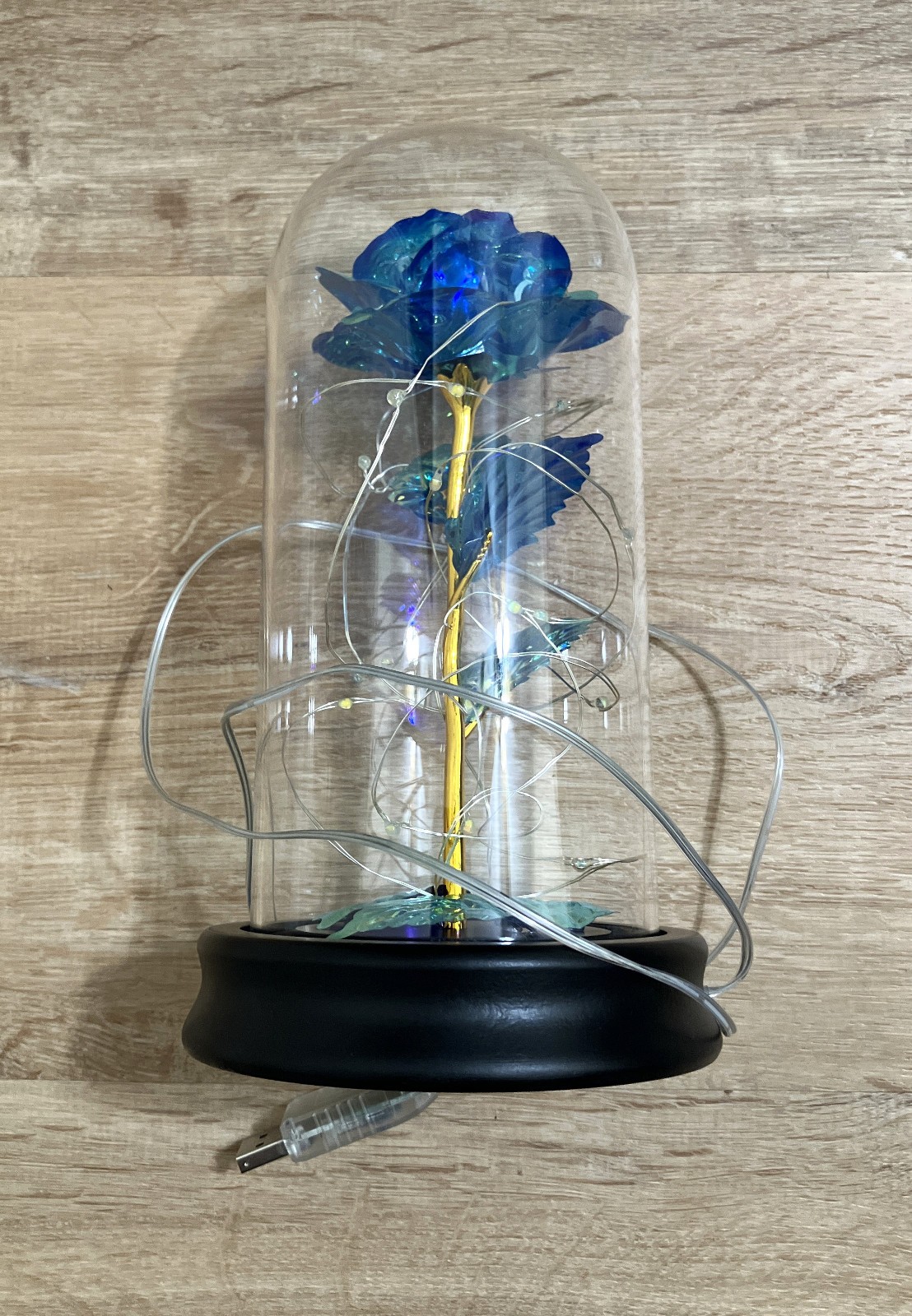 Light up Rose in Glass Dome, Blue & Gold with LED Fairy Lights USB Plug Colorful