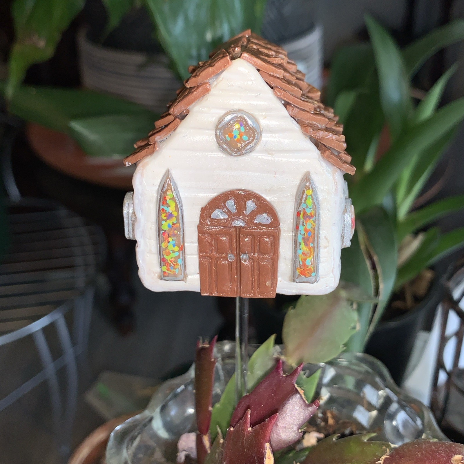 Handmade One Of A Kind Polymer Clay Church With Stained Glass Window Plant Stick