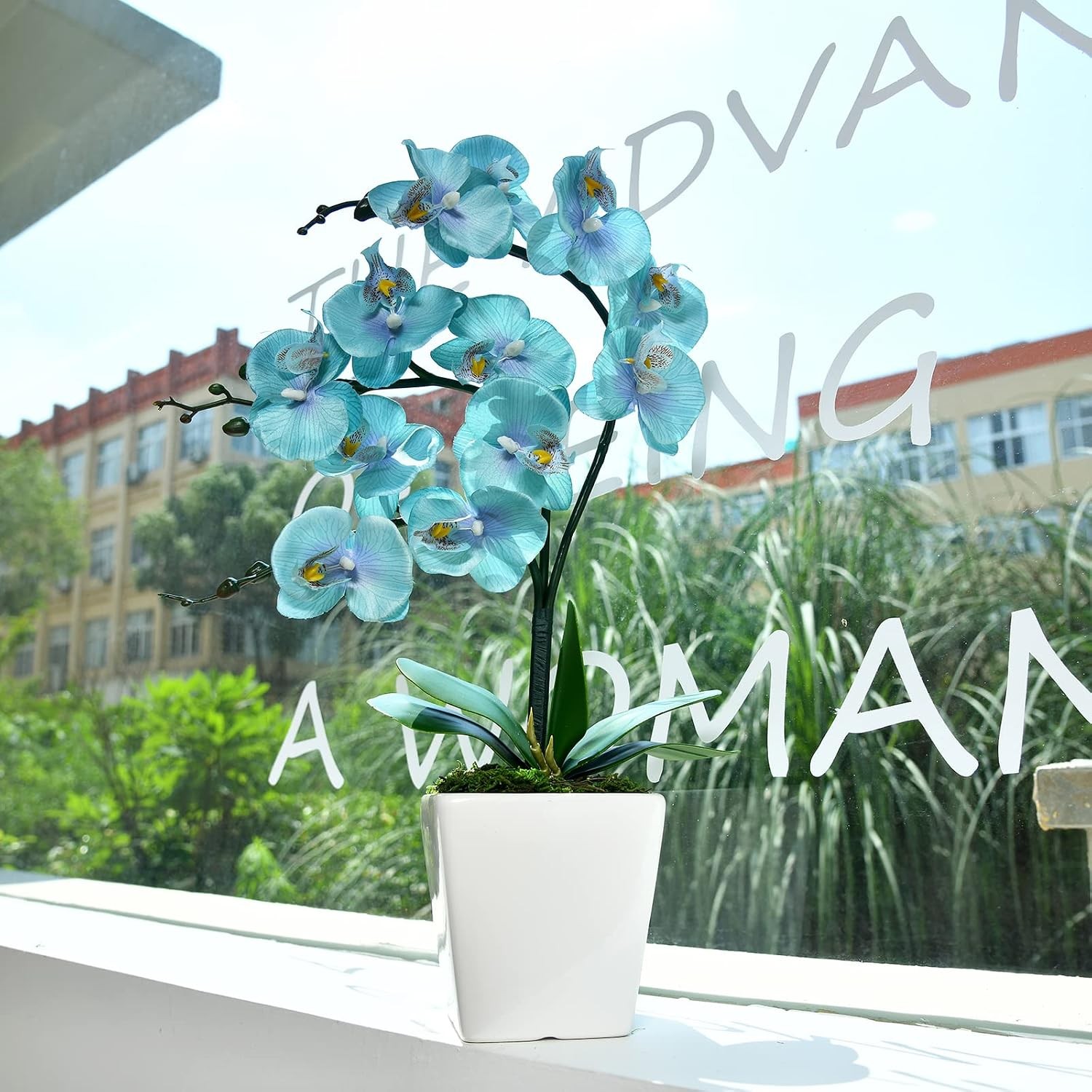 Artificial 15 Inch Tall Phalaenopsis Orchid Plant in Teal Silk Planter