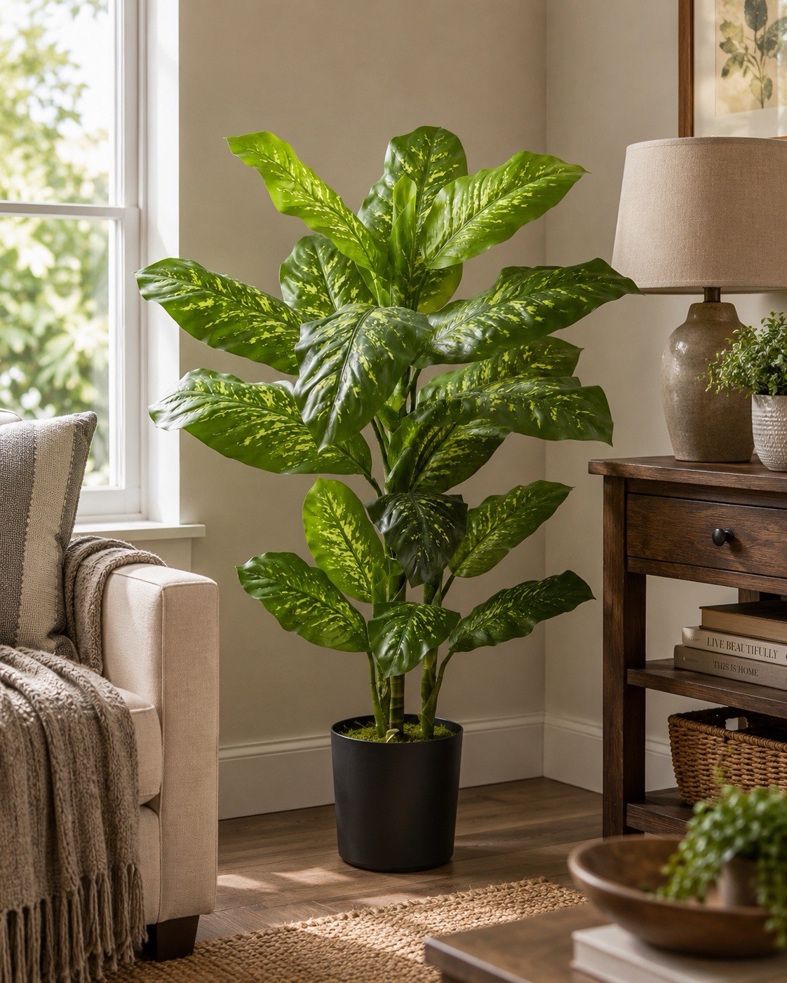 4’ Artificial Dieffenbachia Potted Houseplant in Black Pot, Green/Yellow Decor