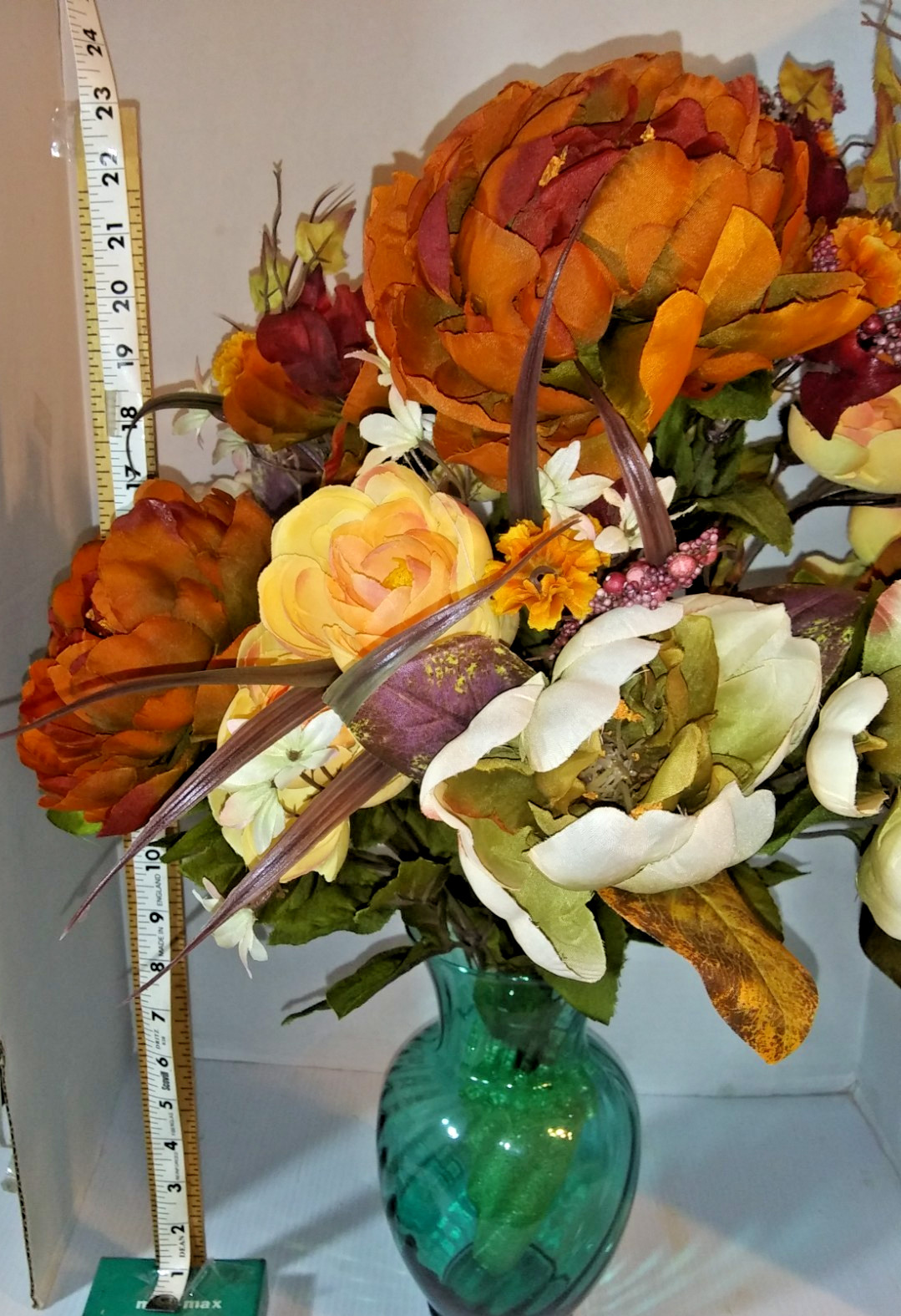 Fall Flowers in Vtg Vase Silk Flower Arrangement Fall Centerpiece 22 in tall