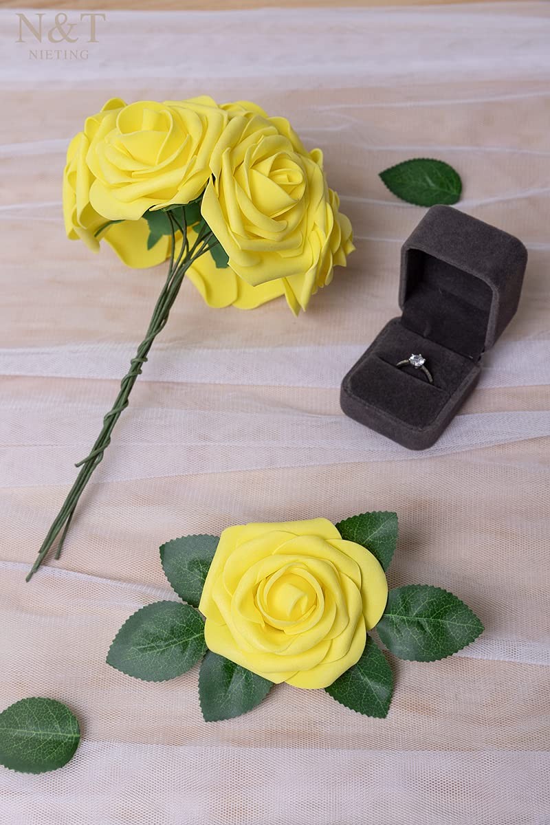 25 PCS Artificial Flowers Yellow Fake Roses for Wedding Bouquet DIY Decor