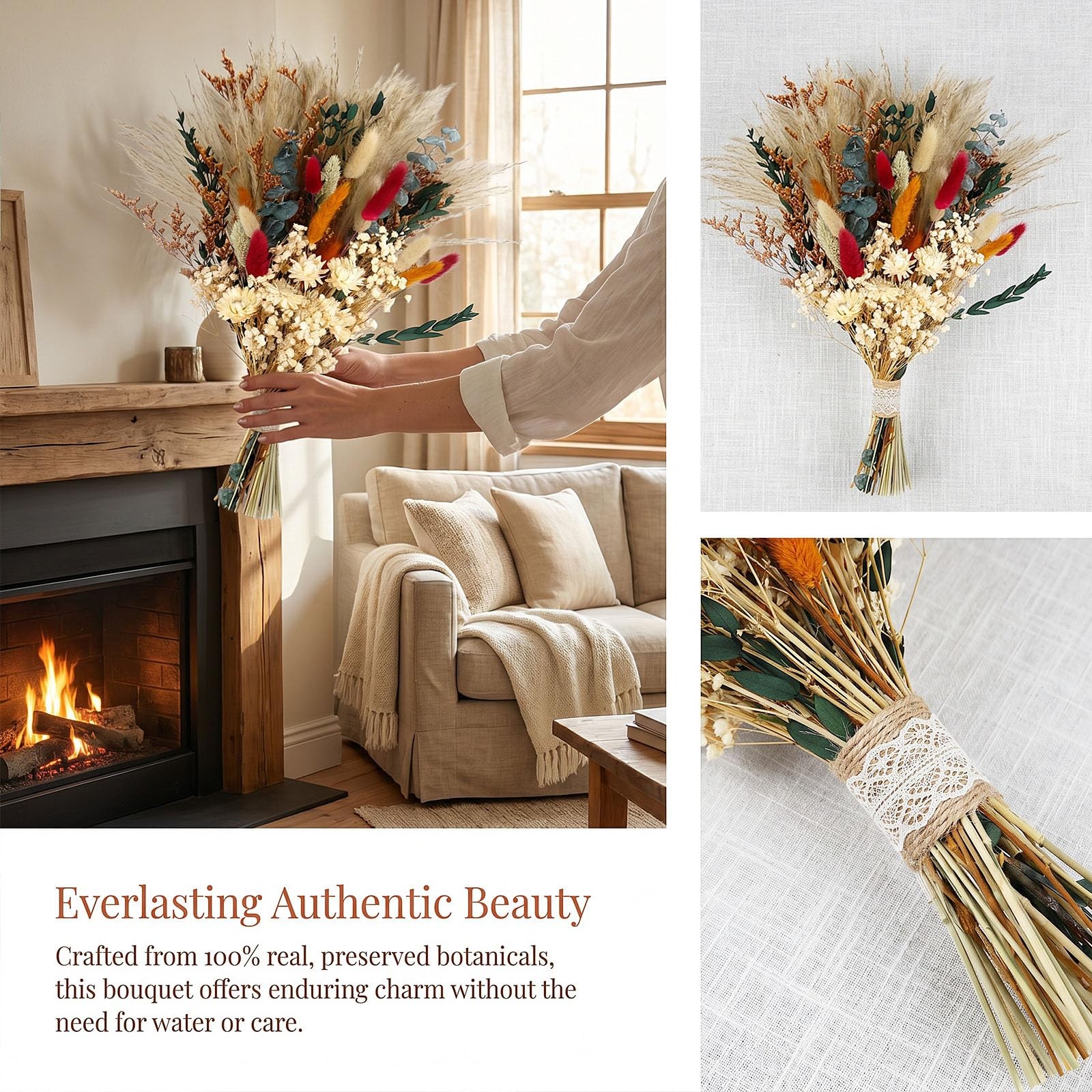 Dried Flower Bouquet,17″ Natural Dried Pampas Grass Decor, Boho Pampas Dried …