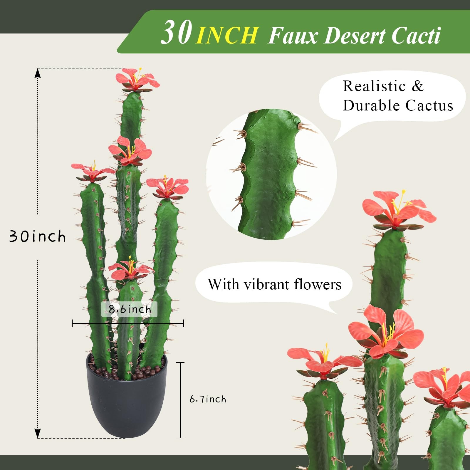 30inch Fake Cactus with Red Flowers, Faux Desert Cacti Fake Cactus Plant, Lag…