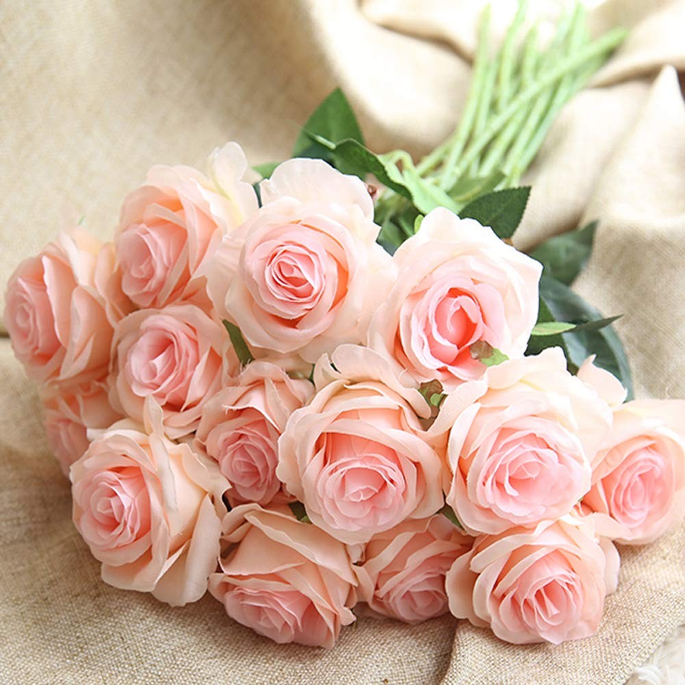 Amzali Artificial Flowers, Silk Rose Real Looking Blush Flower Home Decorations