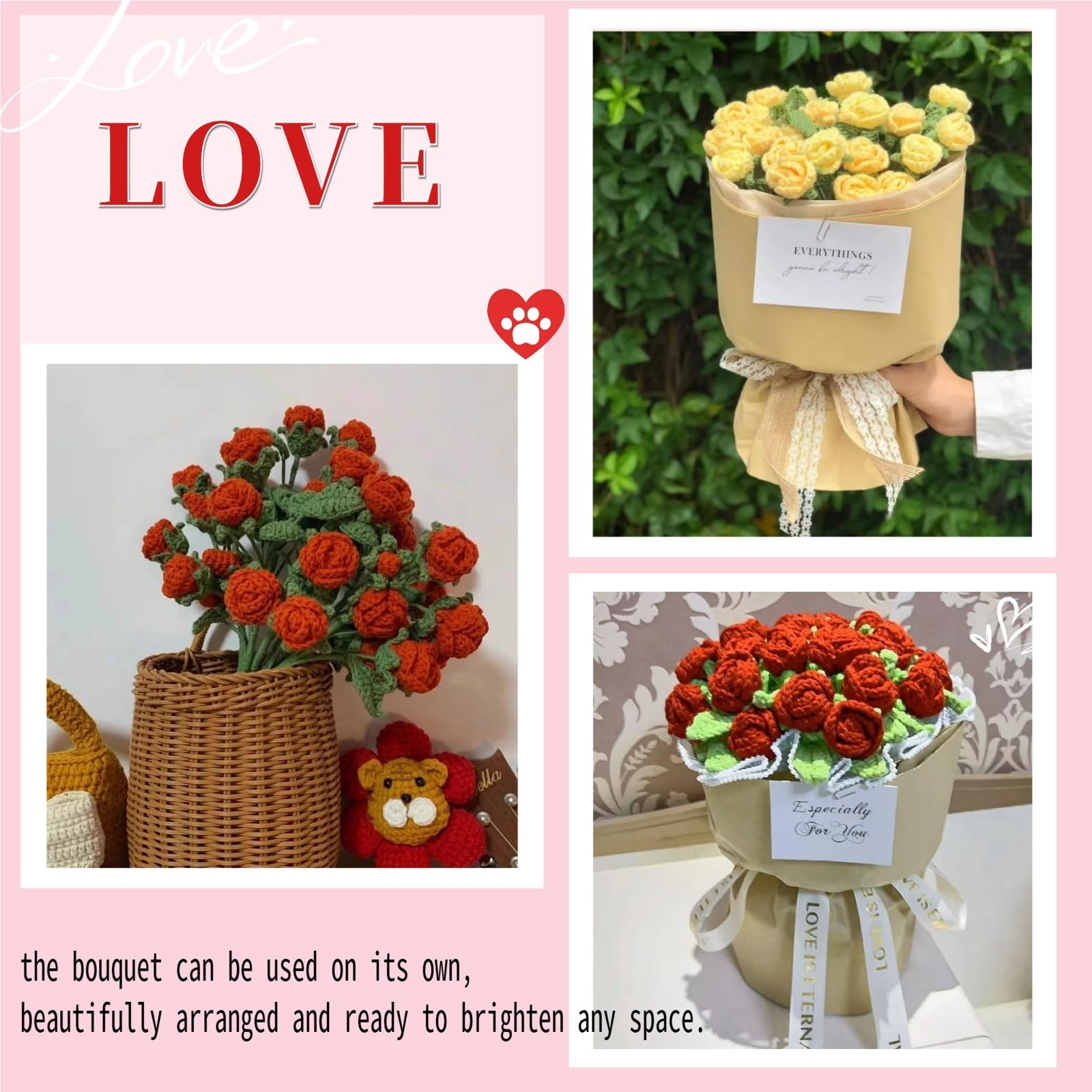 Crochet Red Roses Artificial Flowers Bouquet Knitted Vase Mothers Day Gift