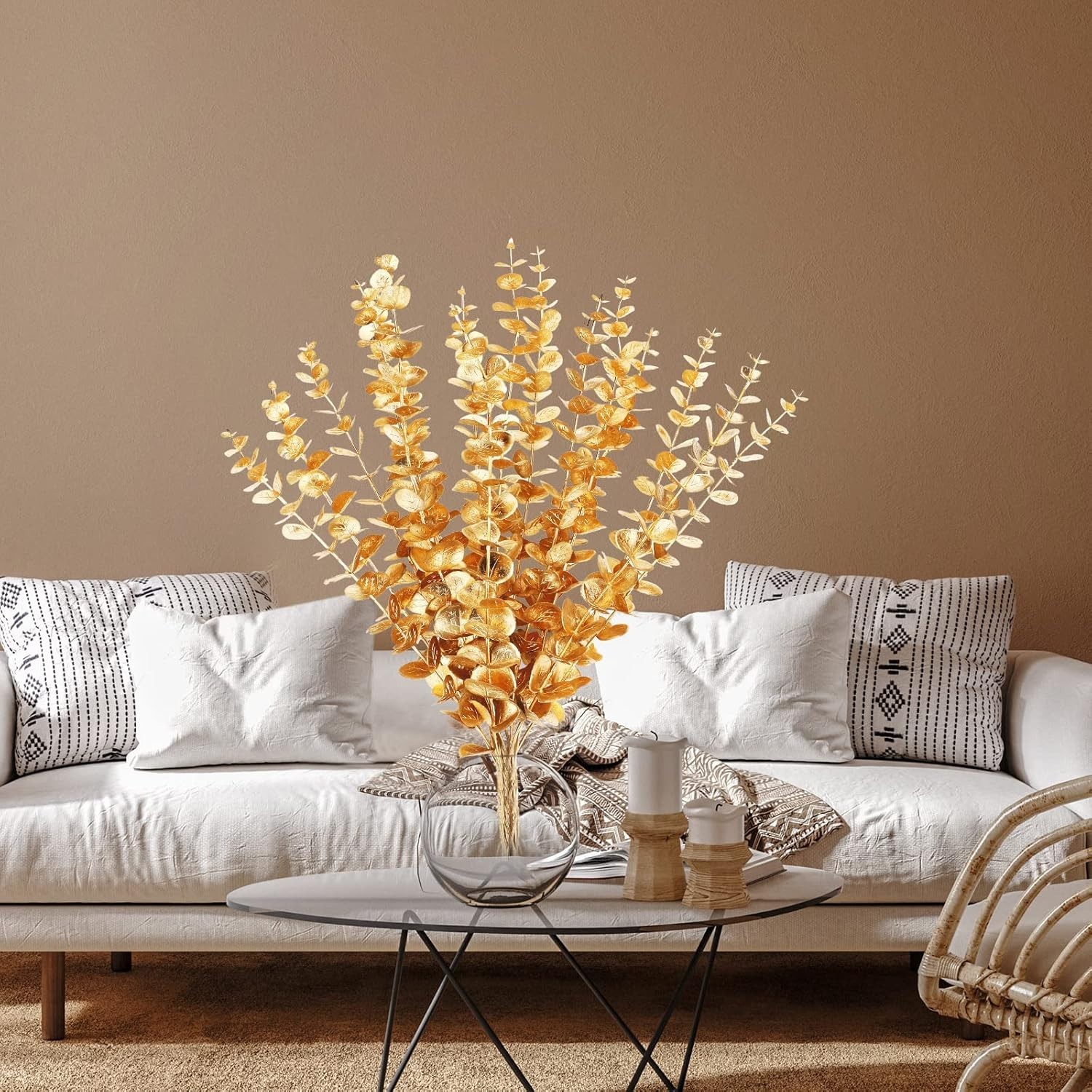 12 tallos de eucalipto dorado de 16 pulgadas, hojas falsas, decoración de otoño