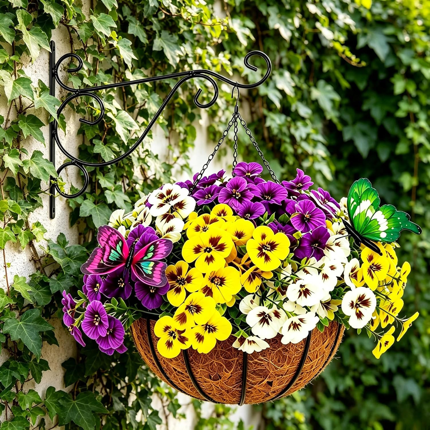2 Sets Faux Pansy Hanging Baskets for Home & Garden – Yellow, Cream, Lavender