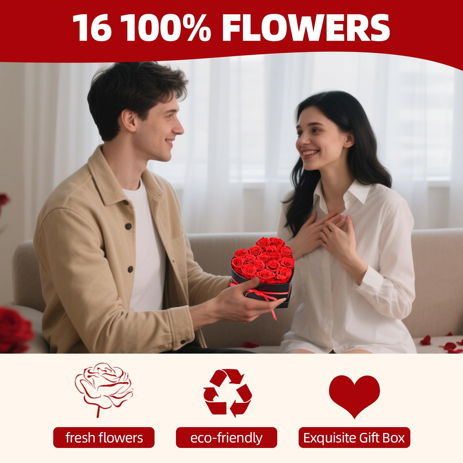 Preserved Red Roses In Black Box 16 PCS Forever Flowers With Bow Romantic Gift
