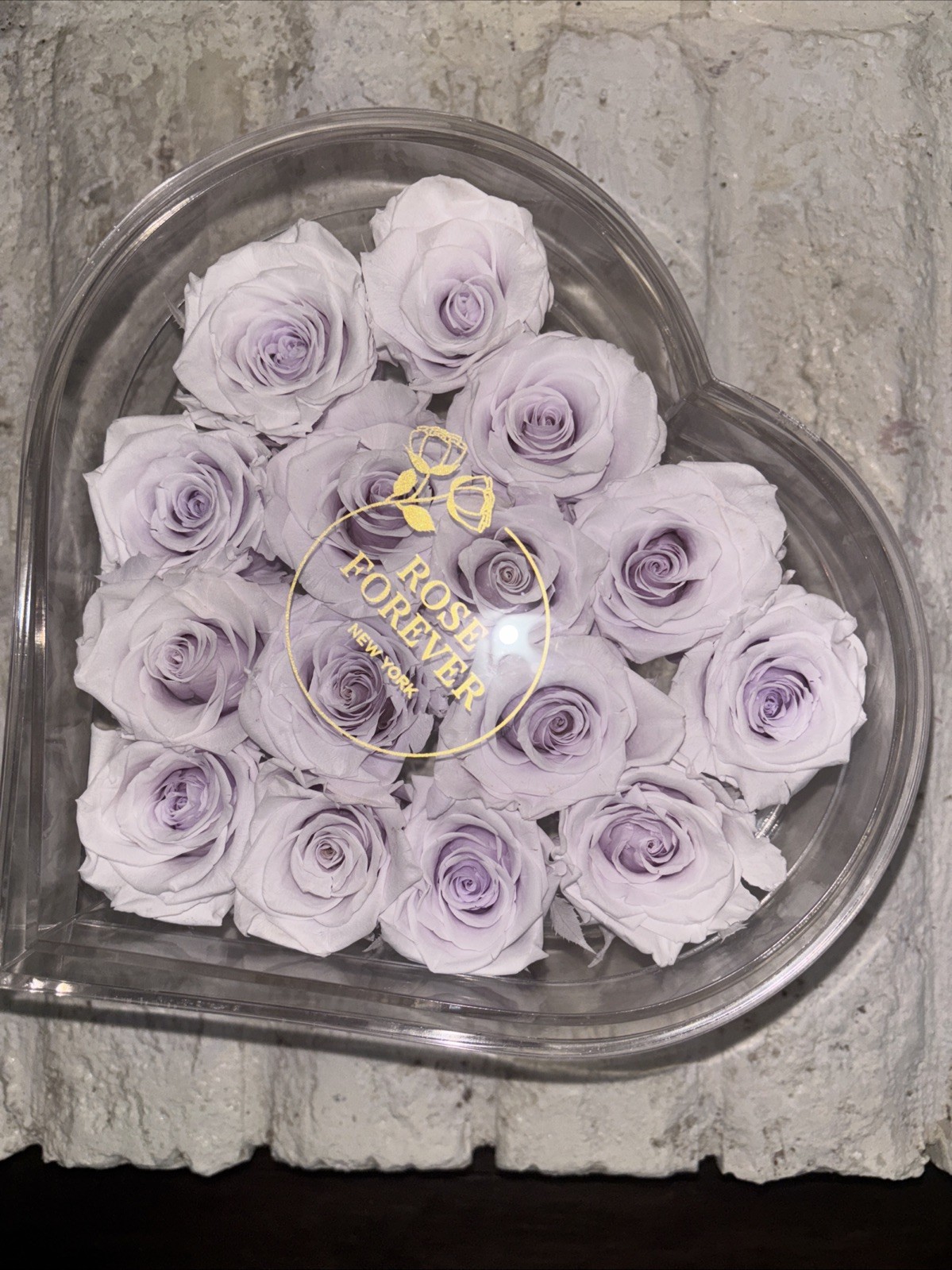 ROSE FOREVER OF NEW YORK~ Soft Violet 15 and a heart shaped clear box with lid