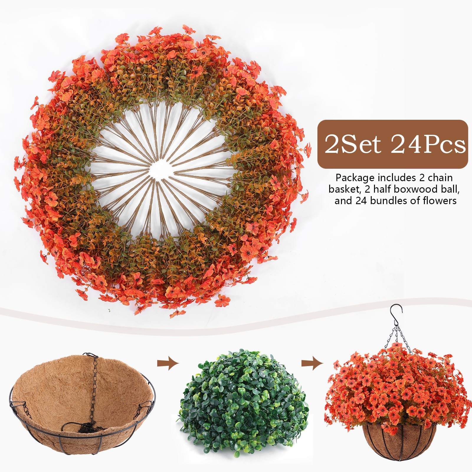 Hananona 24 Pcs Artficial Outdoor Flowers with Hanging Baskets, Orange Fall …