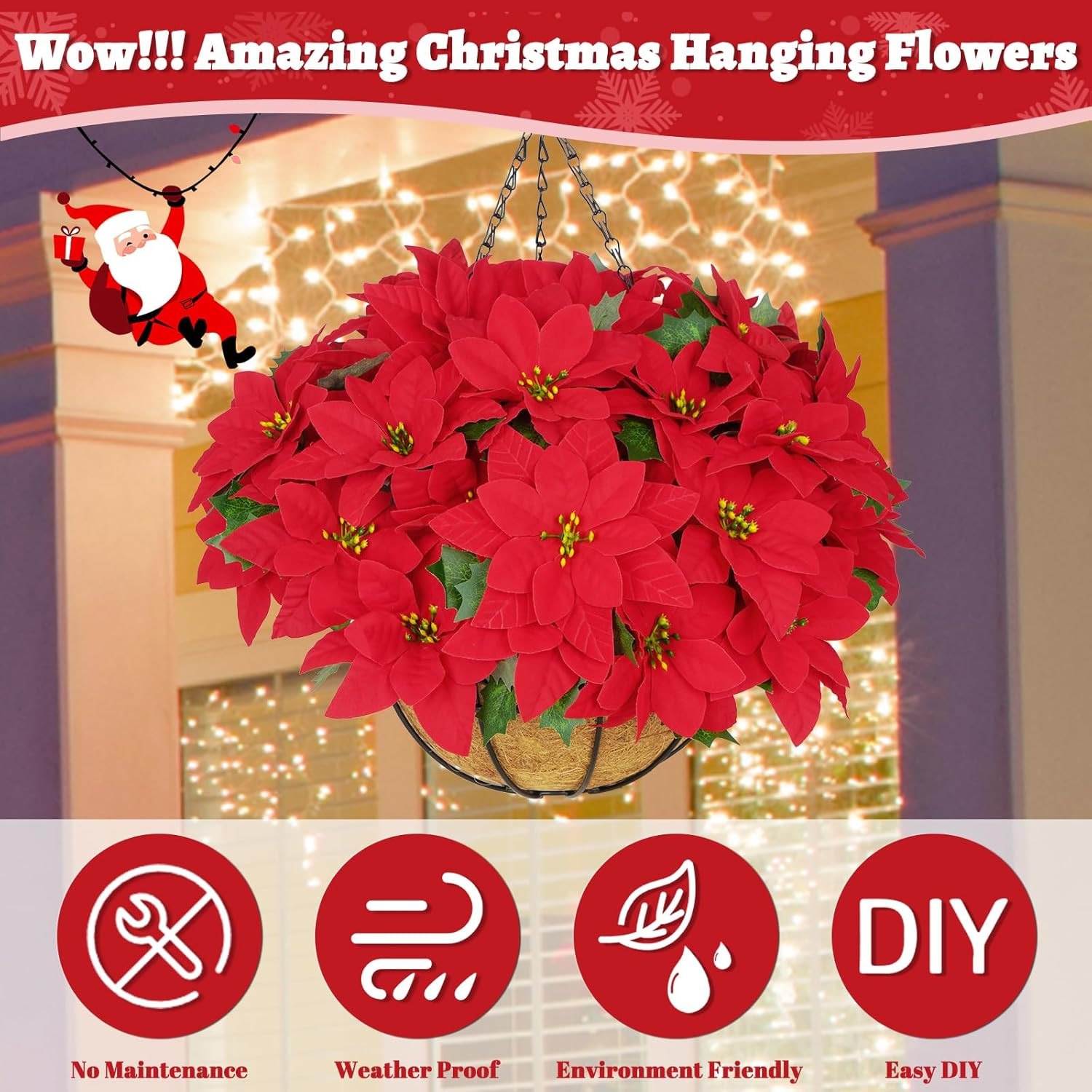 Hanging Red Poinsettias with Basket – UV Resistant Xmas Decor for Outdoors