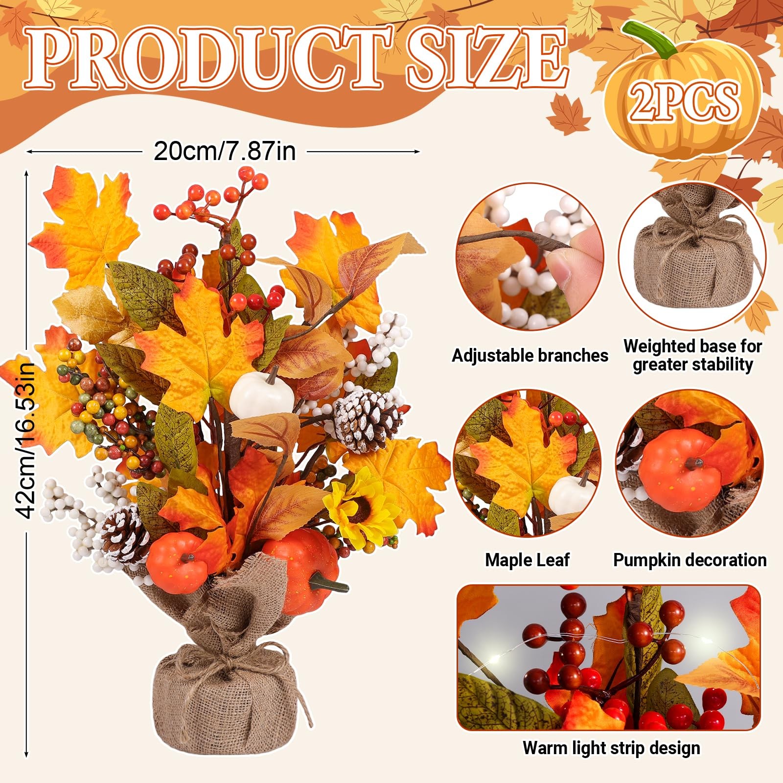 2 PCS Fall Maple Tabletop Tree Decor Pumpkins Pinecones LED Burlap Base Autumn