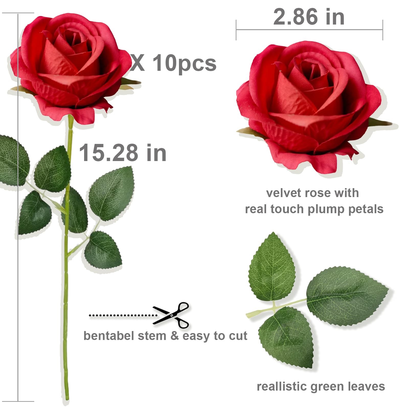 12PCS Fake Red Roses Artificial Red Flowers Bulk, Silk Faux Roses with Stems for