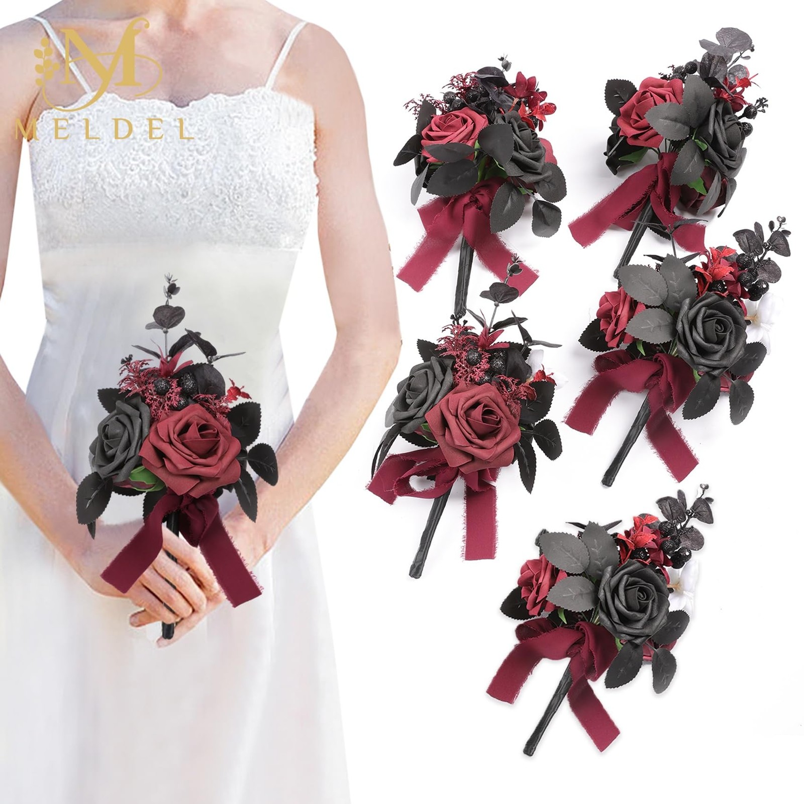 Wedding Flowers Fake Rose Mini Bridesmaid Bride Bouquets Black Burgundy Set o…
