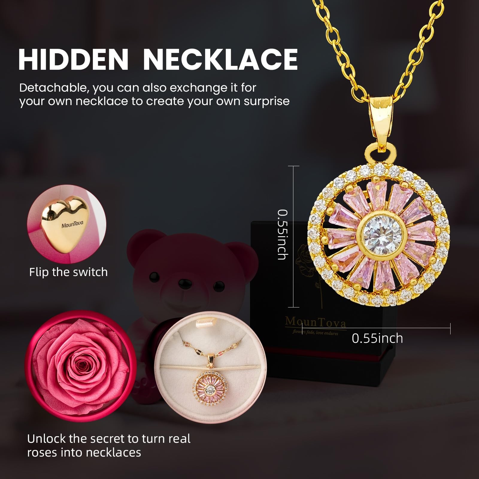 Cute Teddy Bear with Preserved Rose and Necklace, Elegant Bear Roses Gifts wi…