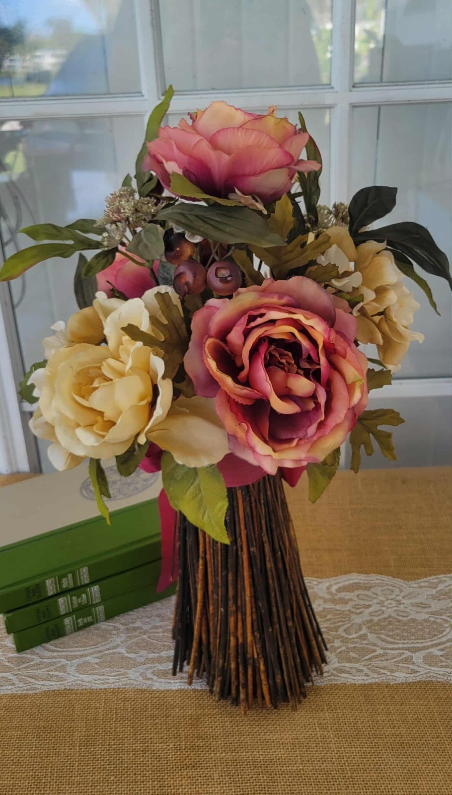 Table Top Floral Arrangement, Free-Standing Topiary Roses Bouquet Home Decor