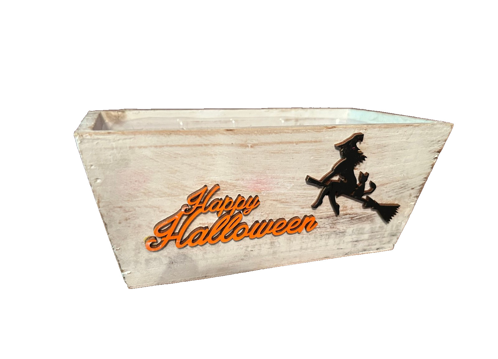 Happy Halloween White Wood Planter Box W/Plastic Liner 8″ x 4″ x 4″ no Plant