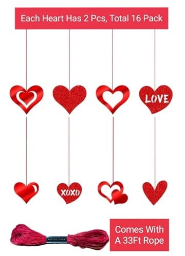 16 Pack Valentines Hanging Decorations-Valentine Heart Decor, Glitter