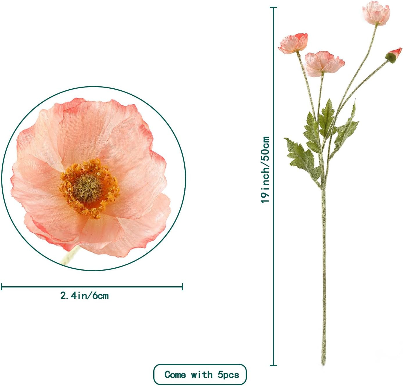 Artificial Poppy Flowers, 5 Bundles Faux Poppies with Stems for Floral Arrangeme