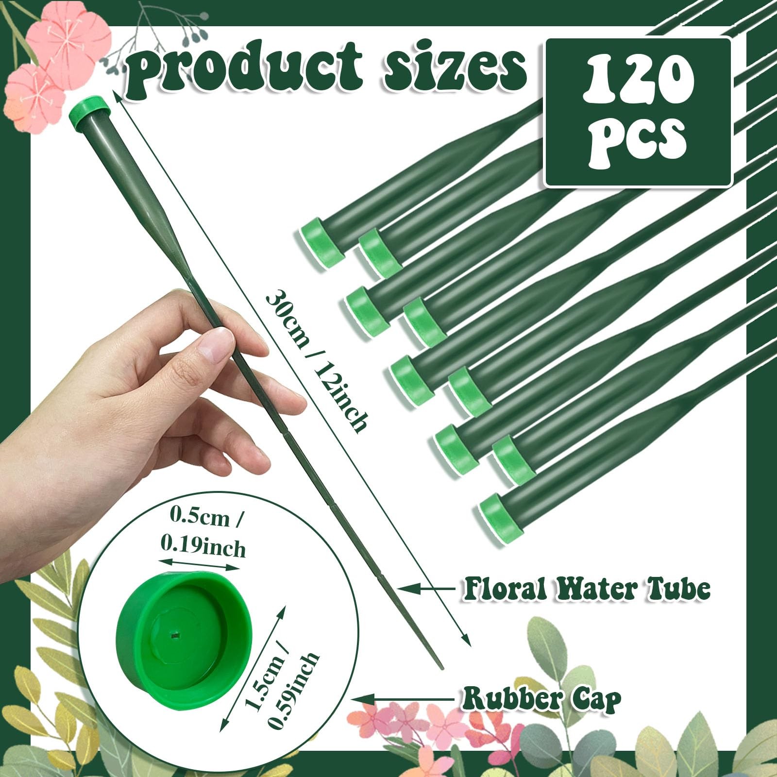 120 PCS Floral Water Tubes,12 Inch Green Flower Stem Water Vials with Rubber …
