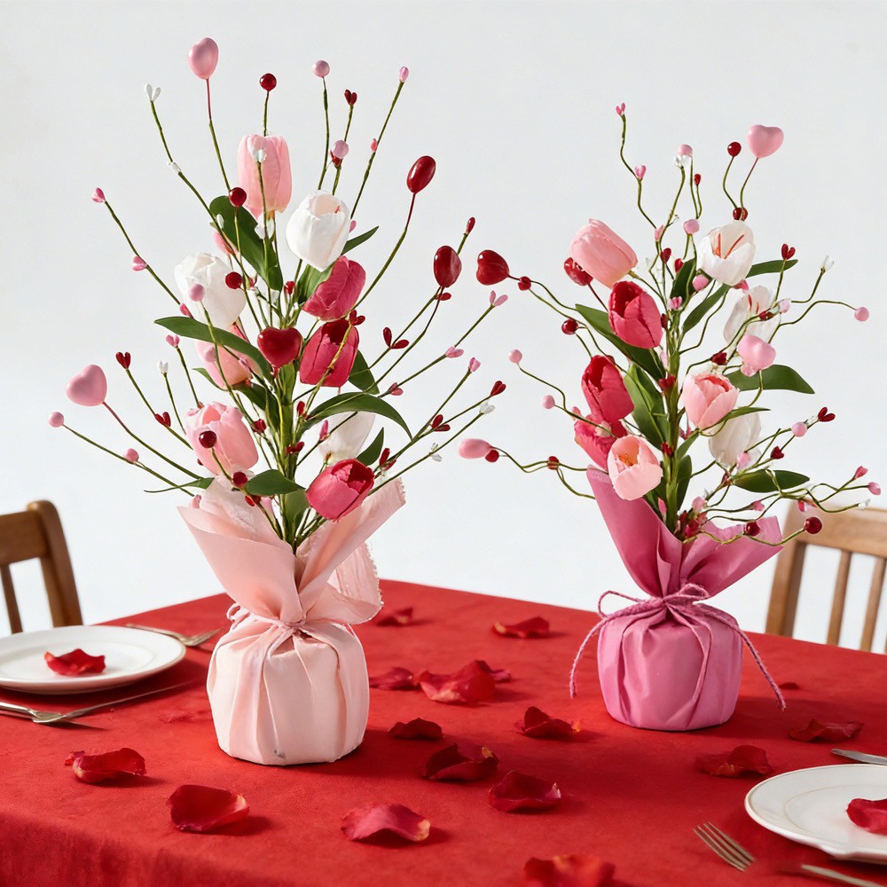 Artificial Tulip Love Berry Ornament Romantic Table Centerpiece for Valentine’s