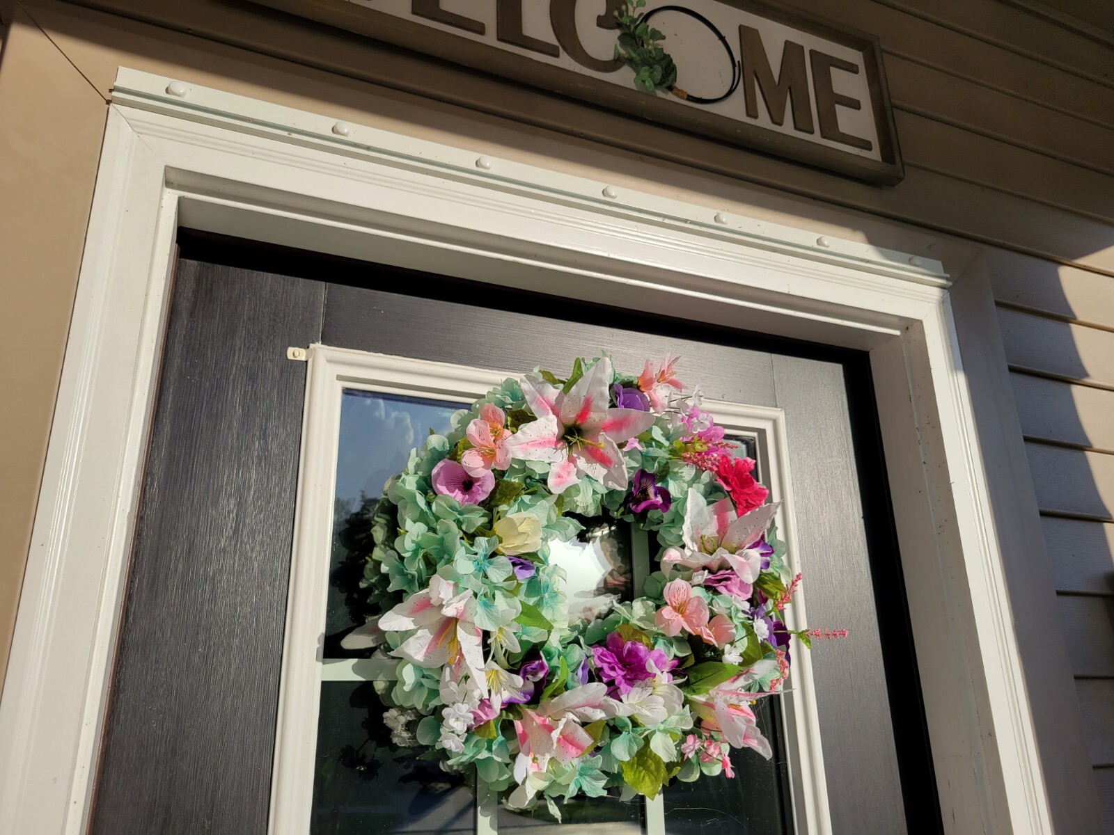 FLORAL one of a kind WREATH flowers Decor Front Door 16″ new green white pink