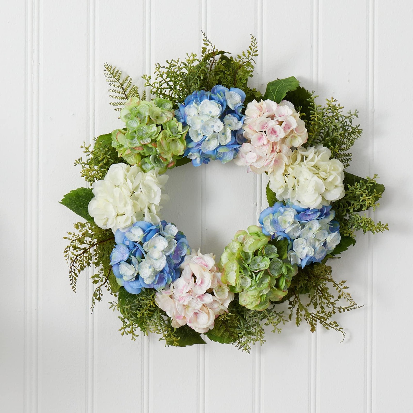 Nearly Natural 4207 Hydrangea Wreath, 24″,Blue,green,white,pink