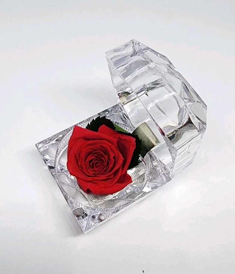 preserved Real red rose W Leaf In clear diamond shaped acrylic Ring box