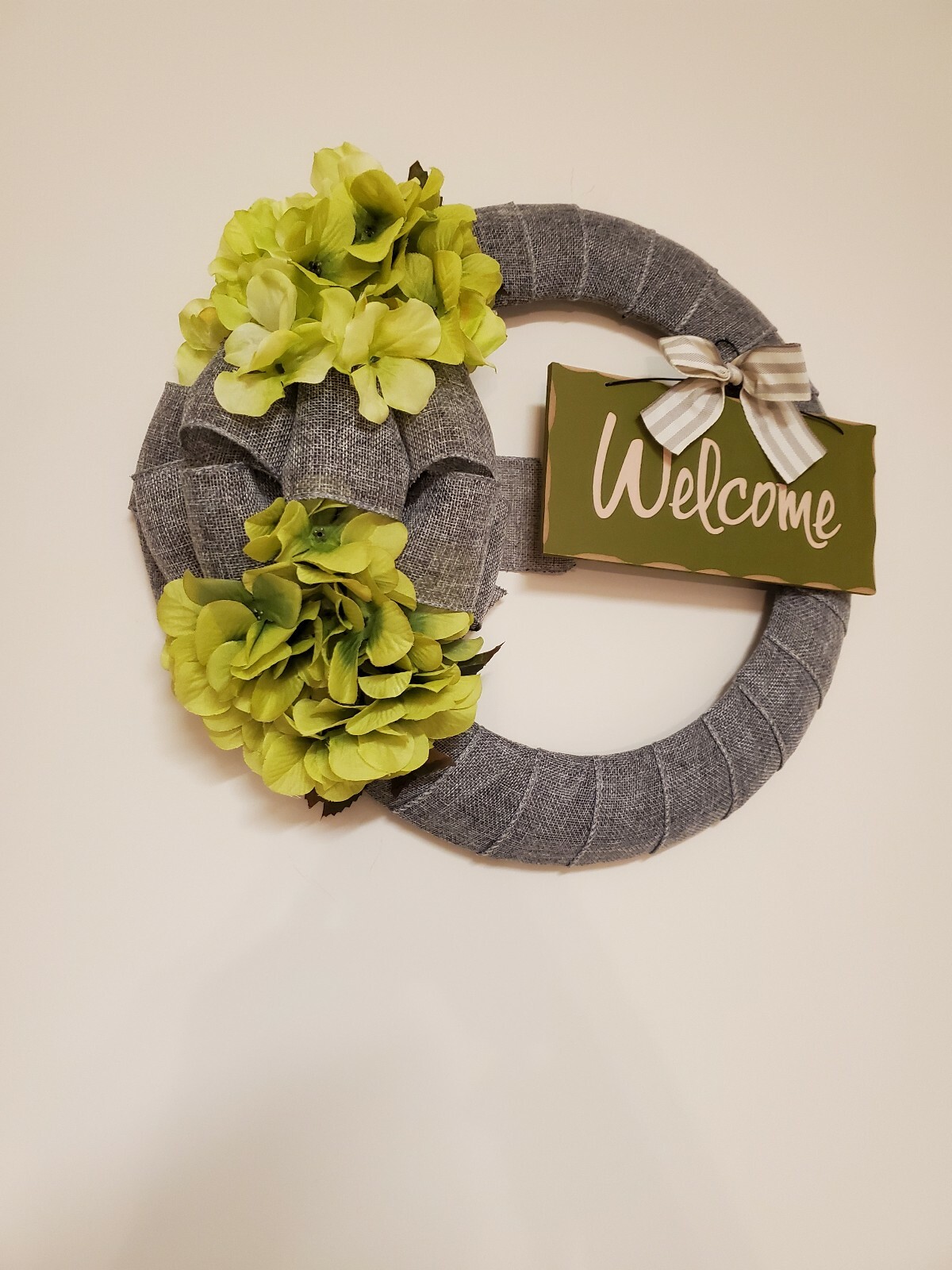 WELCOME green FLOWER Hydrangeas burlap WREATH FALL autumn Decor Front Door 15″