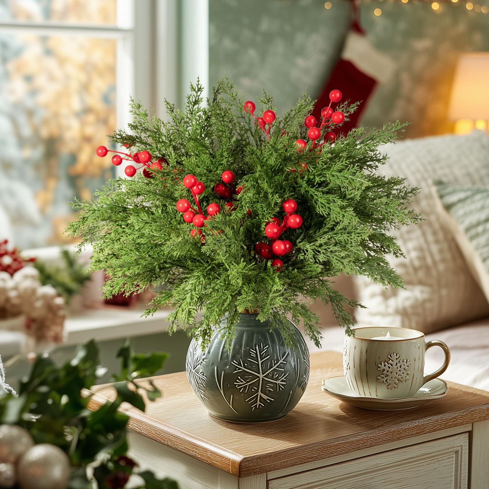Artificial Christmas Norfolk Pine Stems with red Fruit 6PCS Fake Branches for…