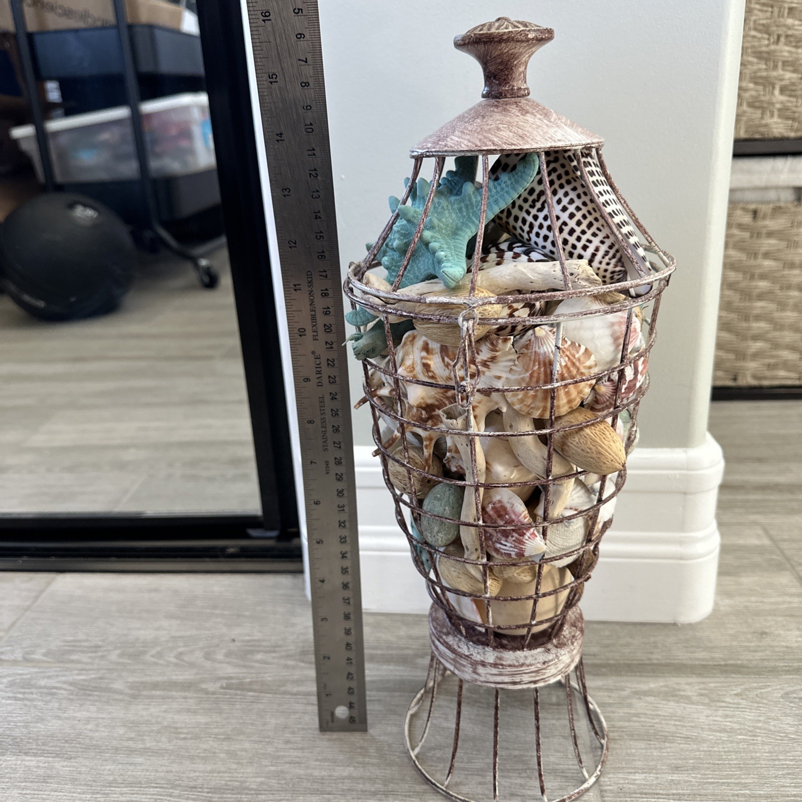 Beach Decore, Decorative Cage With Real Shells And Dried Ocean Plants Theme