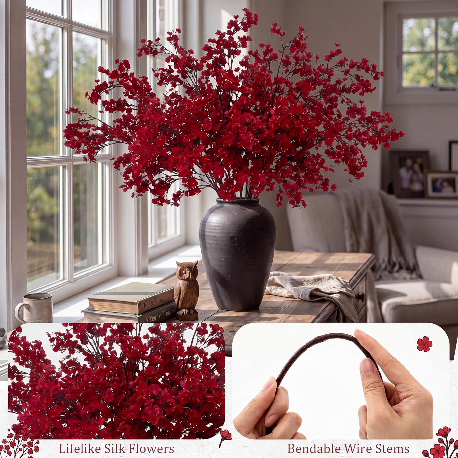 Burgundy Baby’s Breath Artificial Flowers – 8 Bundles for Home Decor