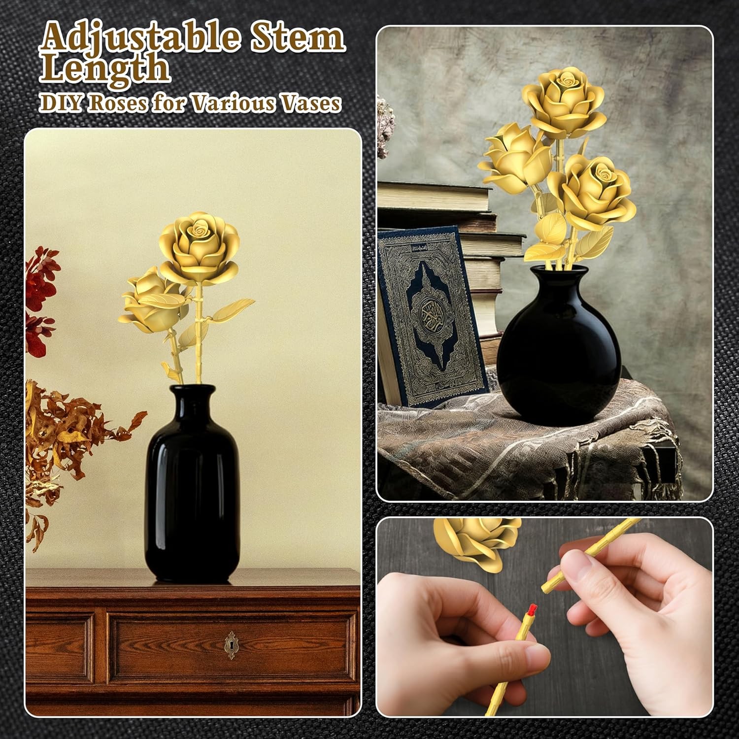 Gold Roses Flower Building Set – 3 Roses Bouquet Botanical Building Blocks for A
