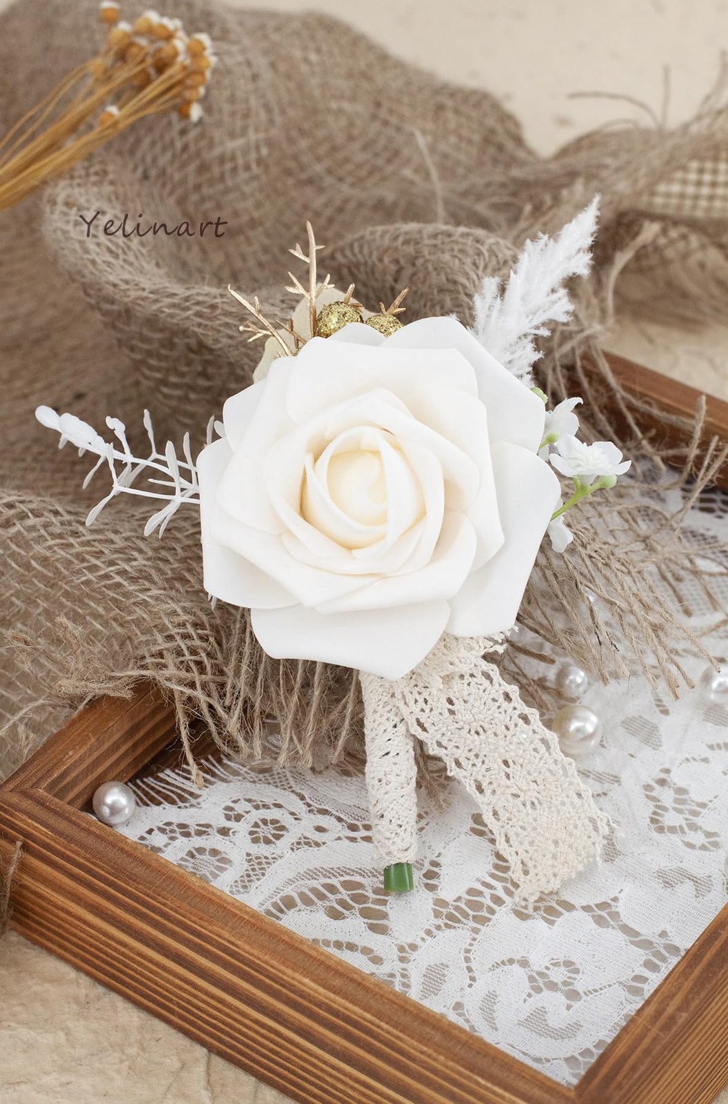 Yelinart Champagne & White Wrist Corsage and Boutonniere Set for Wedding Prom…