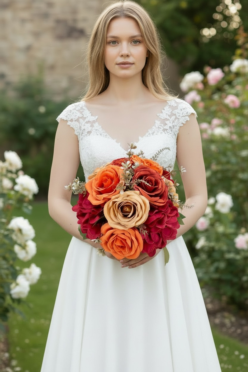 Terracotta Silk Bridal Bouquet, Burnt Orange Burgundy Bohon Wedding Flowers