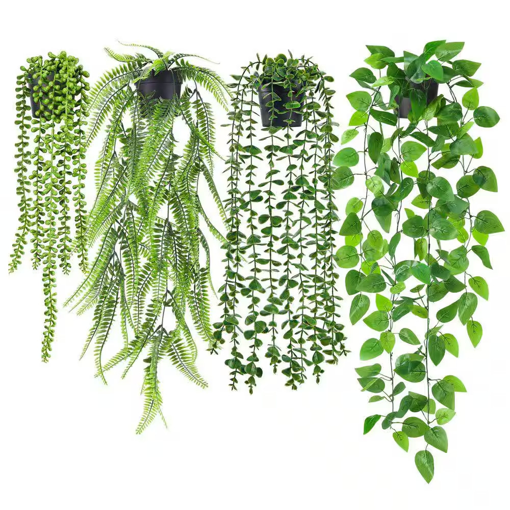 34 In. X 7.5 In. Green Artificial Hanging Plants Wall Sign Set with Plastic Mate