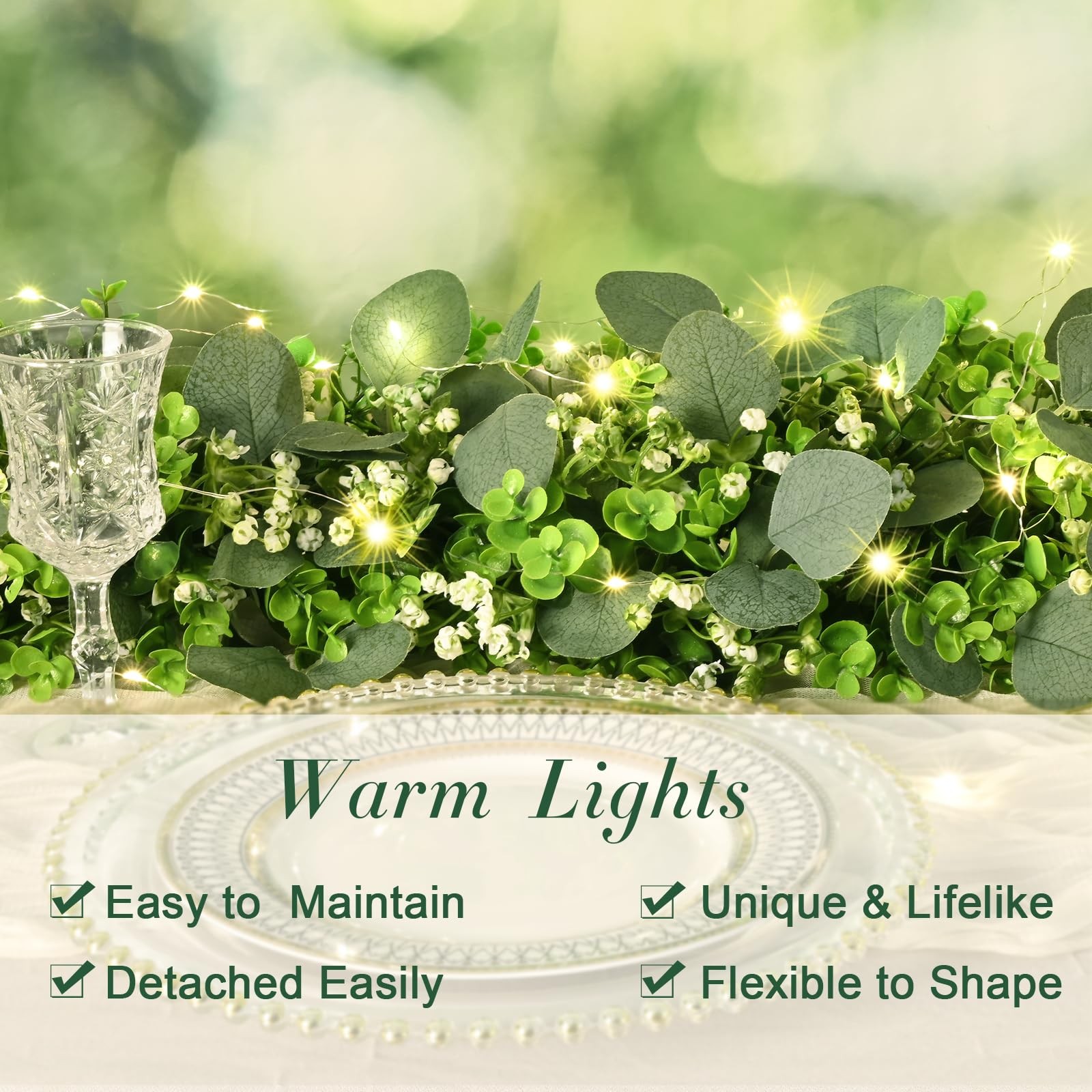 2Pcs Eucalyptus Garland with Lights, Greenery Garland, Green Garland with Flo…