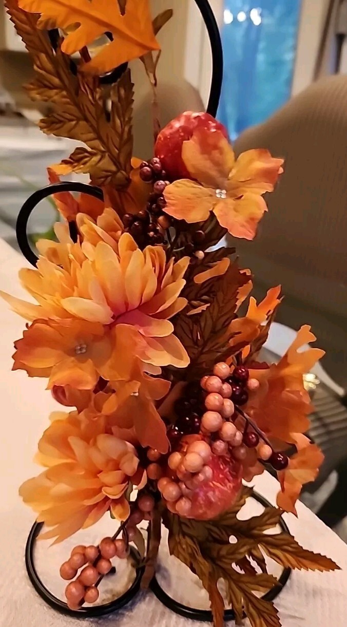 Fall Floral Decor w/Battery Candle ~ Black Wrought Iron ~ Berries Silk Flowers