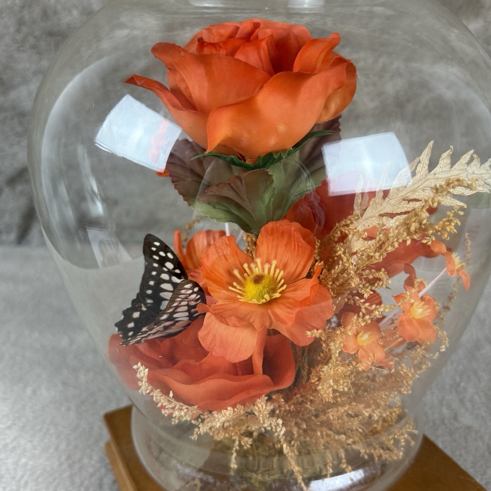 Vintage Butterfly w/Silk Flowers Under Glass Dome Cloche~Silk Flowers Wood Base