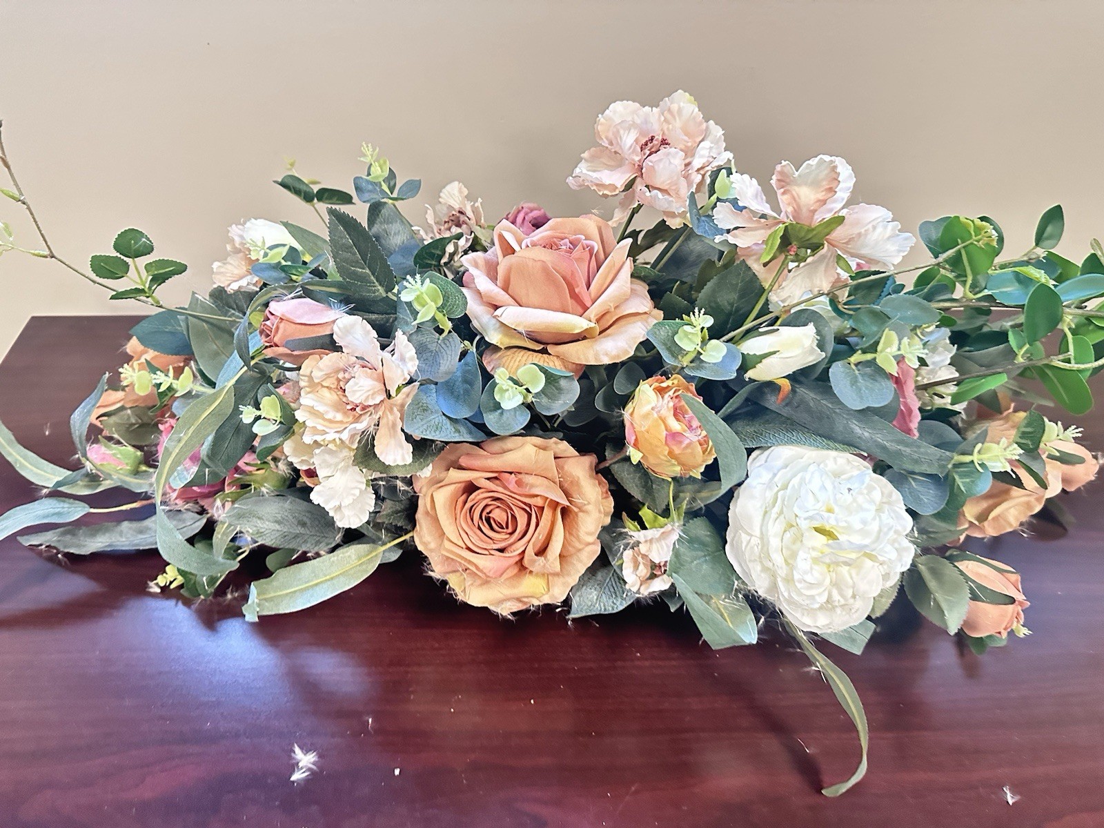 Romantic French Garden Faux Floral Centerpiece Peach Roses White Peonies