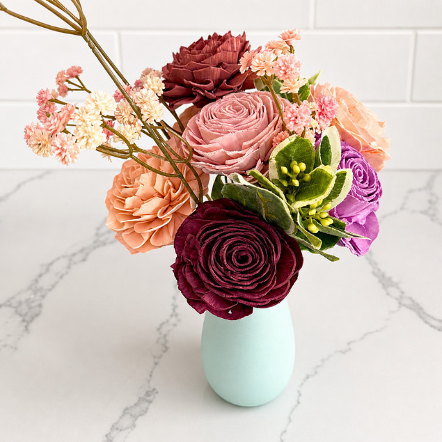Sola Wood Flower Arrangement Blue Ceramic Vase Gift for Her Mom Home Decor