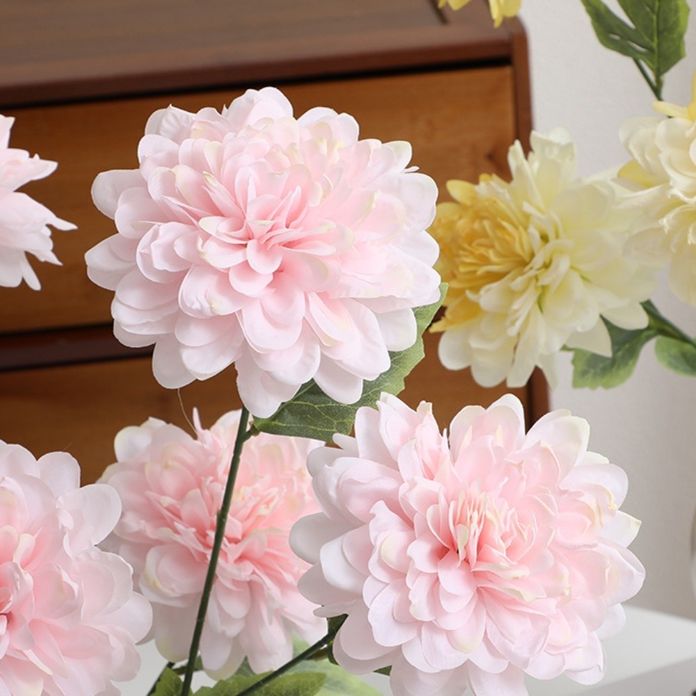 3-Head Silk Dahlia Stems 64cm Flexible Wire Core for Craft and Wedding Decor